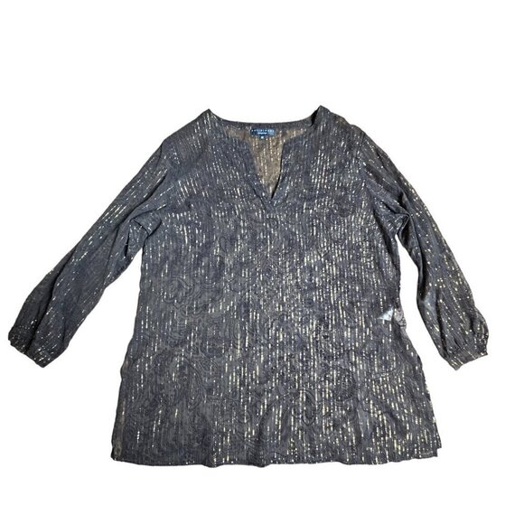 David Dart Silk Blend Sheer Blouse Top Paisley Brown Gold Metallic Tinsel 1X NWT - Picture 1 of 8
